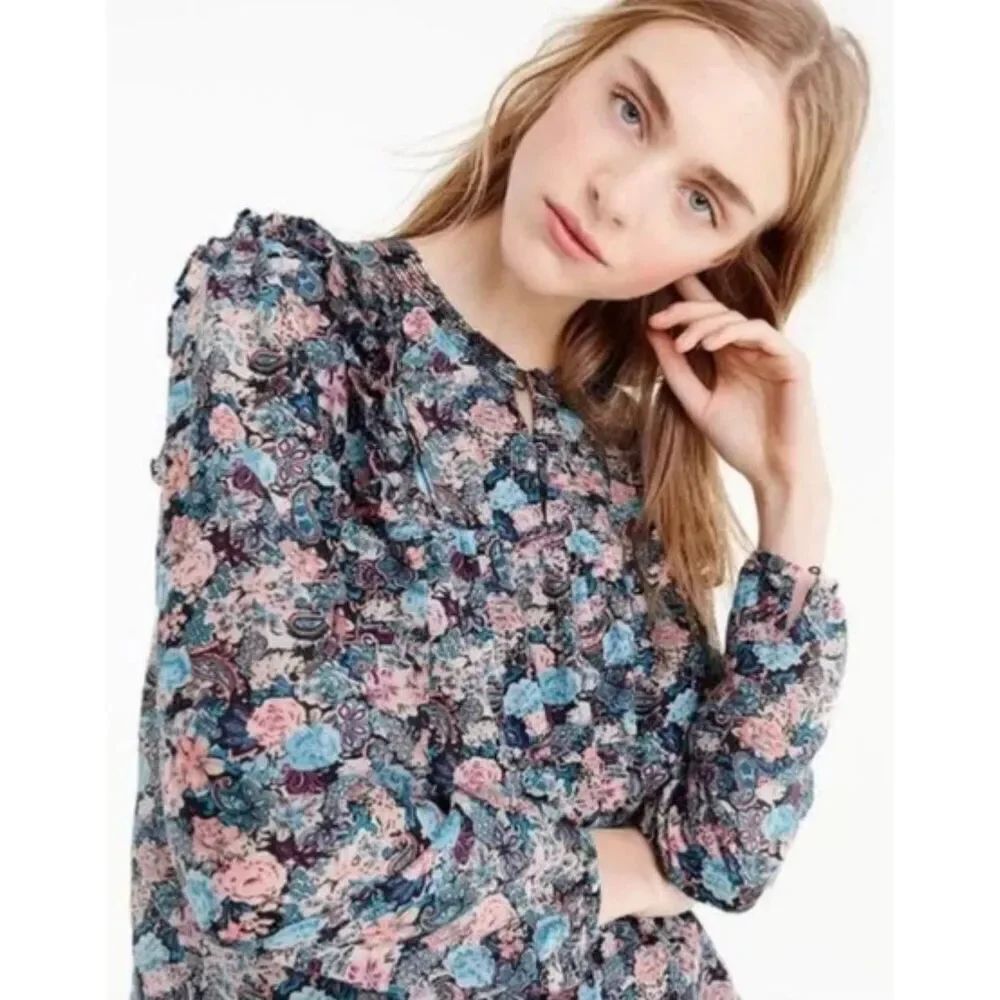 J. Crew Esperanza Ruffle Paisley Floral Silk Blend Top Blouse